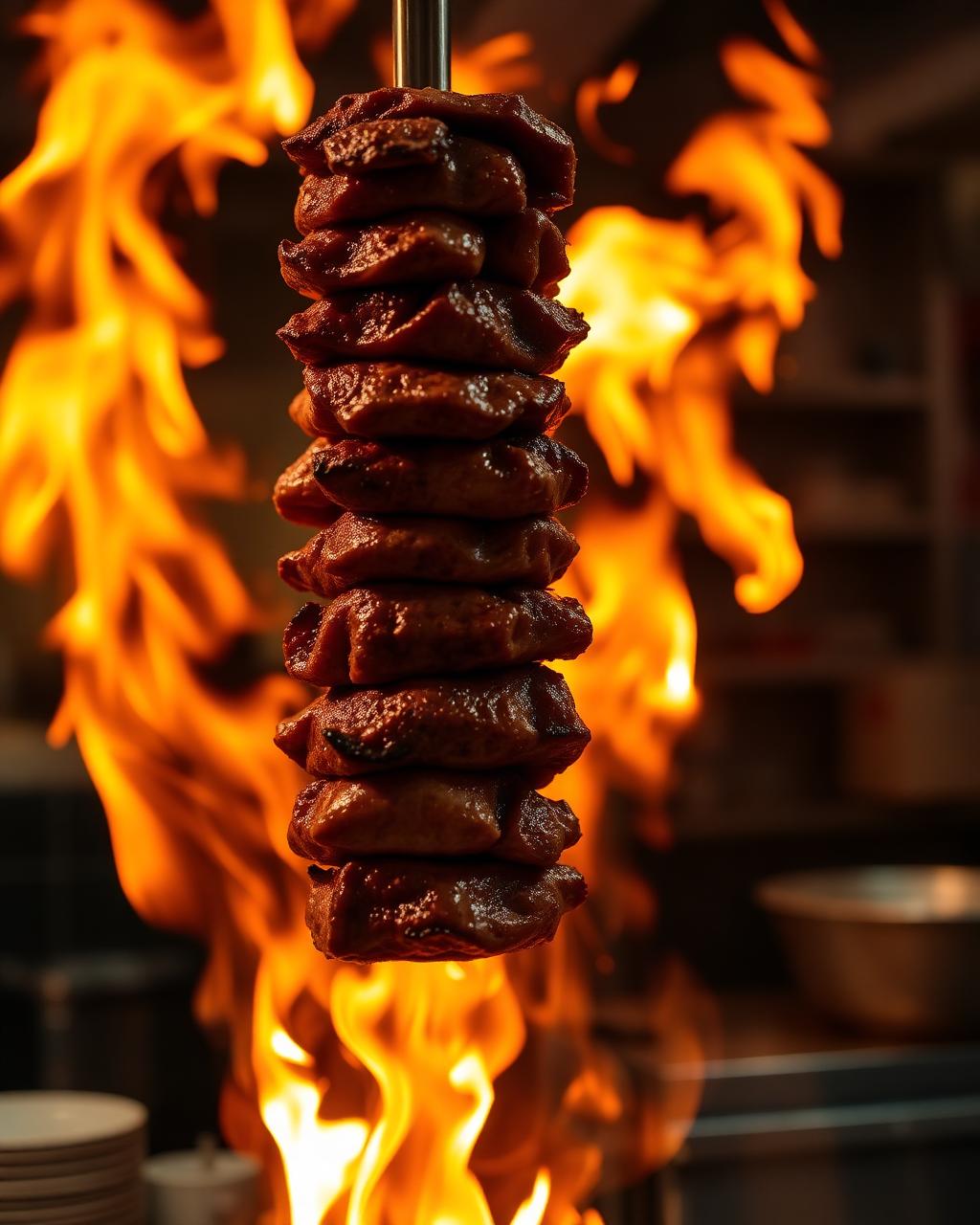 Shawarma spit roasting over open flame