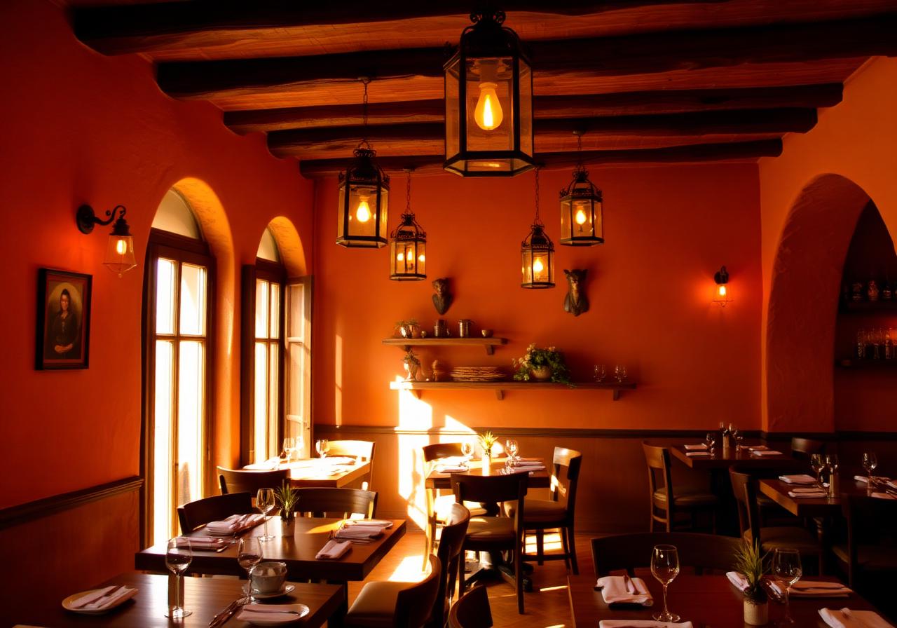 Warm restaurant interior with hanging lanterns