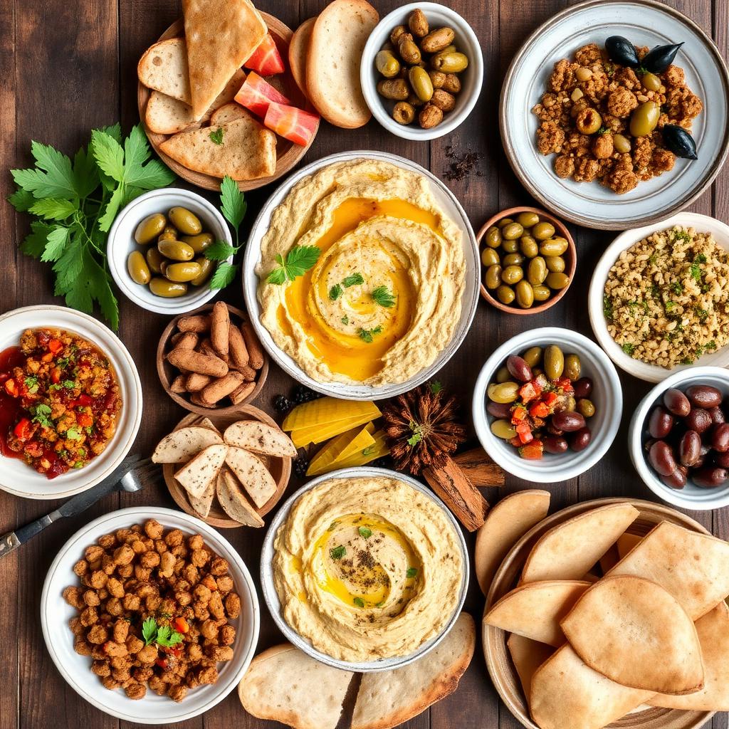 Overhead mezze spread of hummus, olives and pita