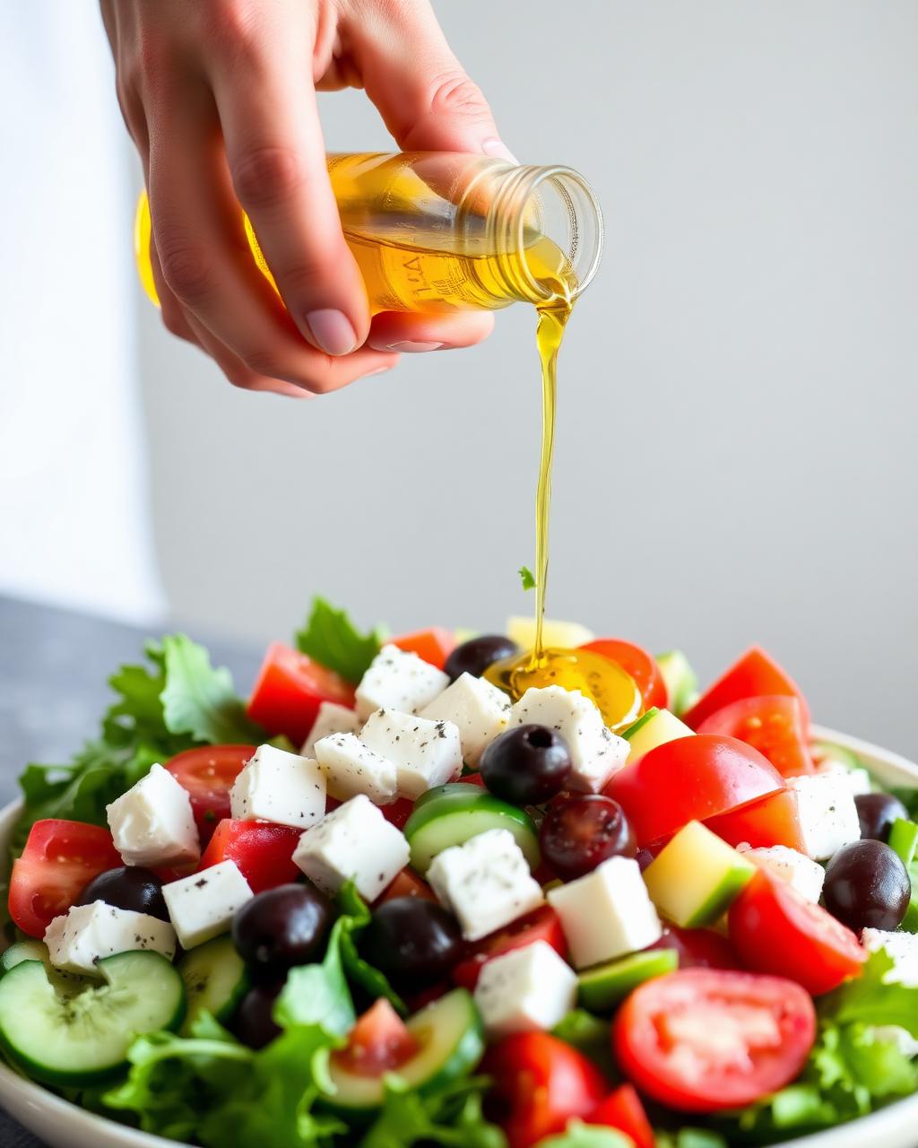 Olive oil pouring over Greek salad