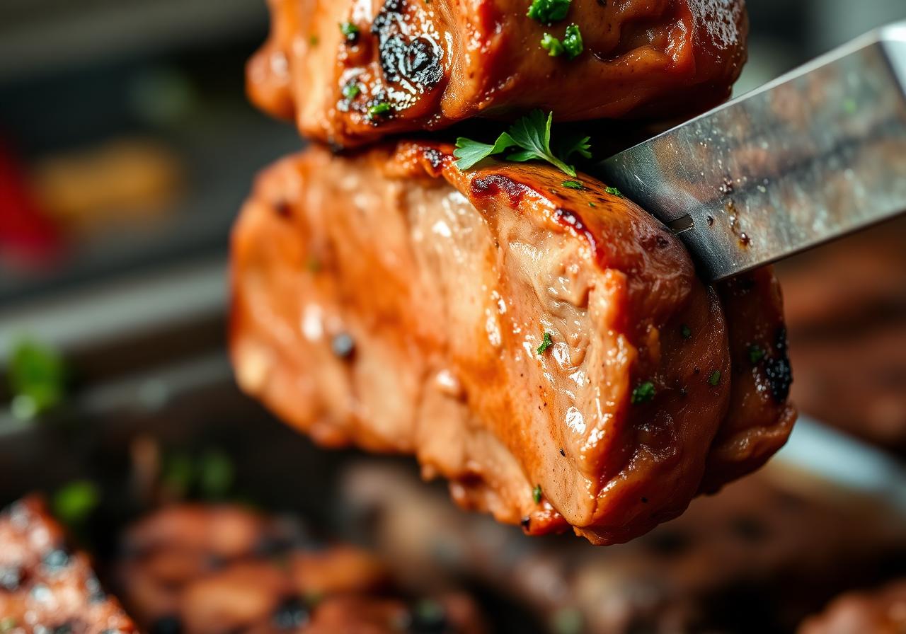 Grilled gyro meat being sliced